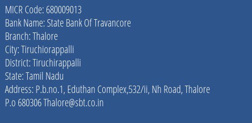 State Bank Of Travancore Thalore MICR Code