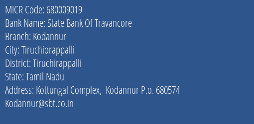 State Bank Of Travancore Kodannur MICR Code