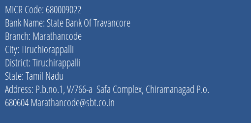 State Bank Of Travancore Marathancode MICR Code