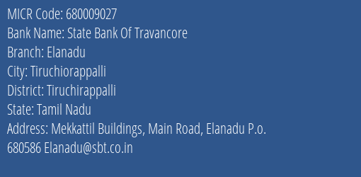 State Bank Of Travancore Elanadu MICR Code