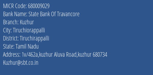 State Bank Of Travancore Kuzhur MICR Code