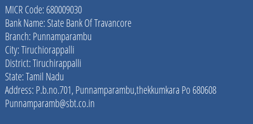 State Bank Of Travancore Punnamparambu MICR Code