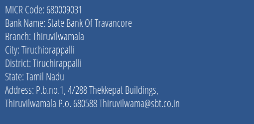 State Bank Of Travancore Thiruvilwamala MICR Code