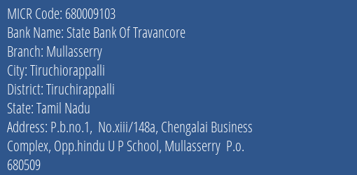 State Bank Of Travancore Mullasserry MICR Code