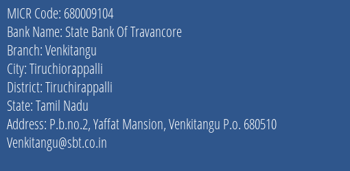 State Bank Of Travancore Venkitangu MICR Code