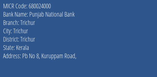 Punjab National Bank Trichur Branch Address Details and MICR Code 680024000