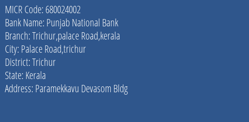 Punjab National Bank Trichur Palace Road Kerala Branch Address Details and MICR Code 680024002