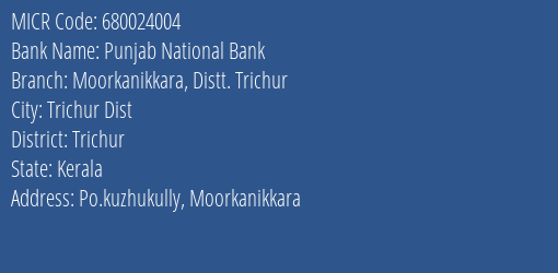 Punjab National Bank Moorkanikkara Distt. Trichur Branch Address Details and MICR Code 680024004