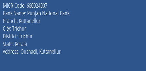 Punjab National Bank Kuttanellur Branch Address Details and MICR Code 680024007