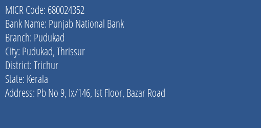 Punjab National Bank Pudukad Branch Address Details and MICR Code 680024352