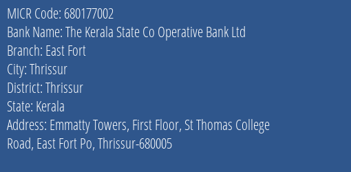 The Kerala State Co Operative Bank Ltd East Fort MICR Code