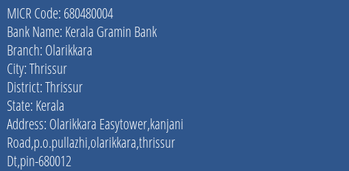 Kerala Gramin Bank Olarikkara MICR Code