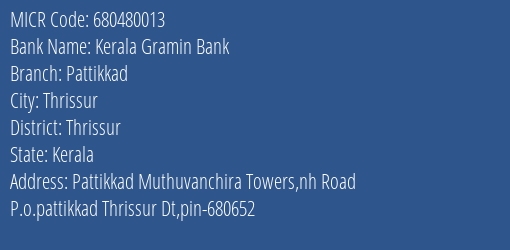Kerala Gramin Bank Pattikkad MICR Code