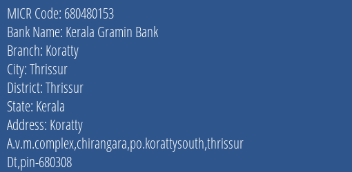 Kerala Gramin Bank Koratty MICR Code