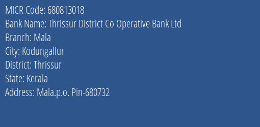 Thrissur District Co Operative Bank Ltd Mala MICR Code
