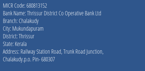 Thrissur District Co Operative Bank Ltd Chalakudy MICR Code