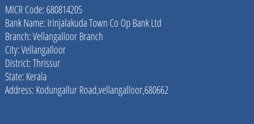 Irinjalakuda Town Co Op Bank Ltd Vellangalloor Branch Branch Address Details and MICR Code 680814205