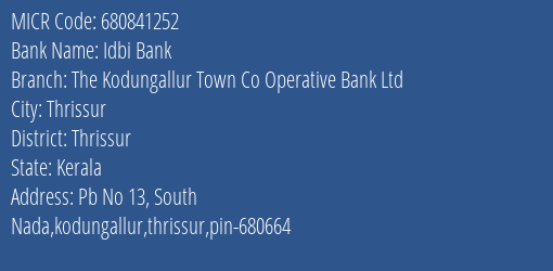 The Kodungallur Town Co Operative Bank Ltd Kodungallur MICR Code