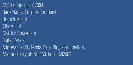 Corporation Bank Kochi MICR Code
