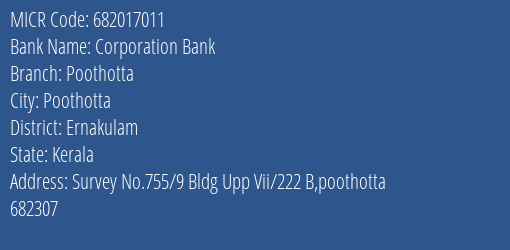 Corporation Bank Poothotta MICR Code