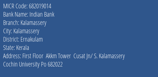 Indian Bank Kalamassery Branch Address Details and MICR Code 682019014