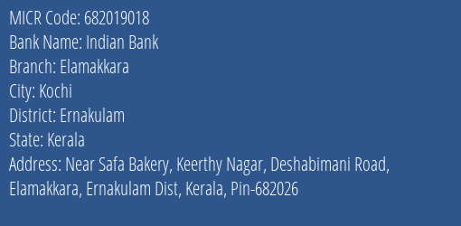 Indian Bank Elamakkara Branch Address Details and MICR Code 682019018