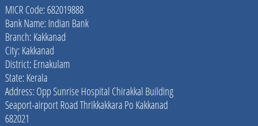 Indian Bank Kakkanad Branch Address Details and MICR Code 682019888