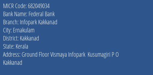 Federal Bank Infopark Kakkanad Branch Address Details and MICR Code 682049034