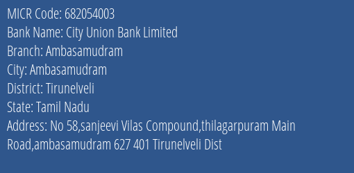 City Union Bank Limited Ambasamudram MICR Code