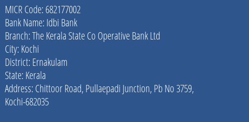 The Kerala State Co Operative Bank Ltd Chittoor Road MICR Code