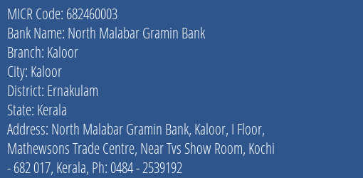 North Malabar Gramin Bank Kaloor MICR Code