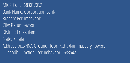 Corporation Bank Perumbavoor MICR Code