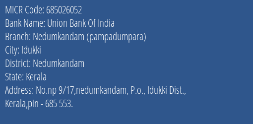 Union Bank Of India Nedumkandam (pampadumpara) Branch Address Details and MICR Code 685026052