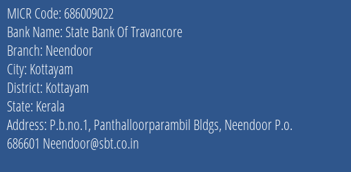 State Bank Of Travancore Neendoor MICR Code