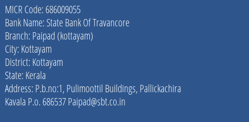 State Bank Of Travancore Paipad Kottayam MICR Code