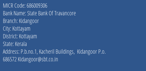 State Bank Of Travancore Kidangoor MICR Code