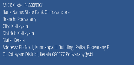 State Bank Of Travancore Poovarany MICR Code