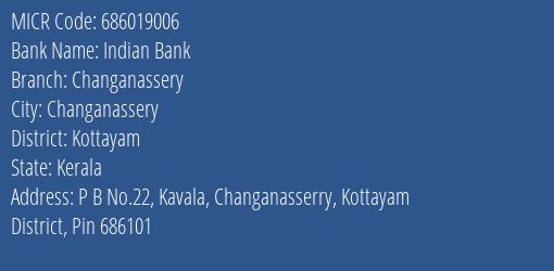 Indian Bank Changanassery Branch Address Details and MICR Code 686019006