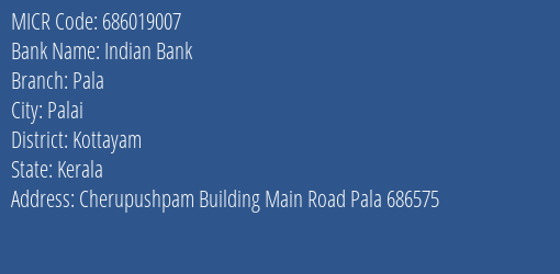 Indian Bank Pala Branch Address Details and MICR Code 686019007