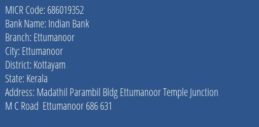 Indian Bank Ettumanoor Branch Address Details and MICR Code 686019352