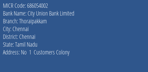 City Union Bank Limited Thoraipakkam MICR Code