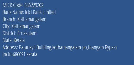 Icici Bank Limited Kothamangalam MICR Code