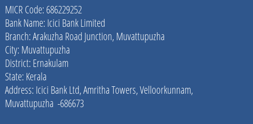 Icici Bank Limited Arakuzha Road Junction Muvattupuzha MICR Code