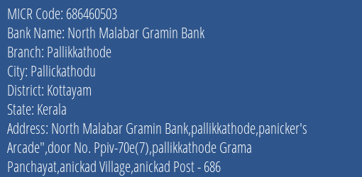North Malabar Gramin Bank Pallikkathode MICR Code