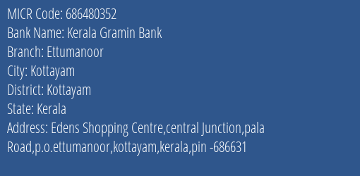 Kerala Gramin Bank Ettumanoor MICR Code