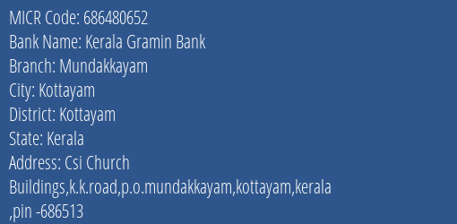 Kerala Gramin Bank Mundakkayam MICR Code
