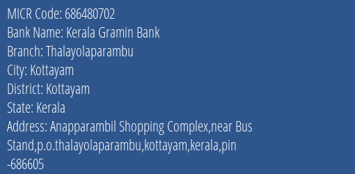 Kerala Gramin Bank Thalayolaparambu MICR Code