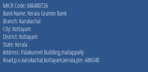 Kerala Gramin Bank Karukachal MICR Code