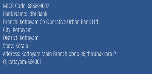 Kottayam Co Operative Urban Bank Ltd Kottayam MICR Code