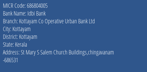 Kottayam Co Operative Urban Bank Ltd Chingavanam MICR Code